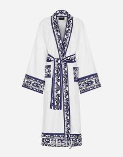 Dolce&Gabbana Blu Mediterraneo White/Blue Unisex Terry Cotton Bath Robe New