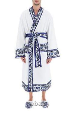 Dolce & Gabbana Casa White Blue Mediterraneo Cotton Belted Bathrobe M