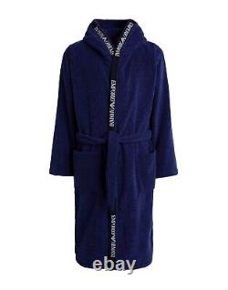 EMPORIO ARMANI Logo Trim Hooded Bathrobe / Dressing Gown, Blue, Small, BNWT