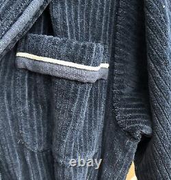 Ermengildo Zegna Mens Cotton Bath Robe Ribbed Navy White Piping Sz M Italy