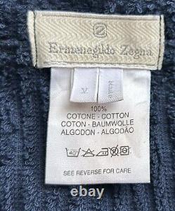 Ermengildo Zegna Mens Cotton Bath Robe Ribbed Navy White Piping Sz M Italy