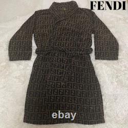 FENDI Zucca Bath Robe Gown L Brown FF Logo Towelling Cotton Belted Housecoat