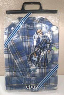 FIRENZE Blue Scotch plaid Vtg Grandpa bathrobe preshrunk cotton Flannel sz L