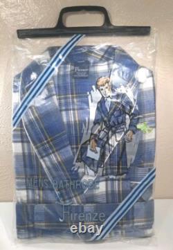 FIRENZE Blue Scotch plaid Vtg Grandpa bathrobe preshrunk cotton Flannel sz L