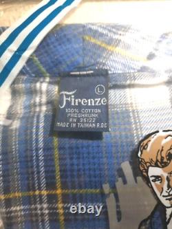 FIRENZE Blue Scotch plaid Vtg Grandpa bathrobe preshrunk cotton Flannel sz L