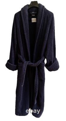 FRETTE Bathrobe L/XL Navy Blue Cotton Heavy Terry Cloth Luxury Pockets Belt