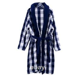 HASTENS Bathrobe Blue White Check 100% Cotton Terry Cloth Heavyweight SMALL