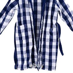 HASTENS Bathrobe Blue White Check 100% Cotton Terry Cloth Heavyweight SMALL