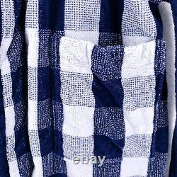 HASTENS Bathrobe Blue White Check 100% Cotton Terry Cloth Heavyweight SMALL