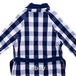 HASTENS Bathrobe Blue White Check 100% Cotton Terry Cloth Heavyweight SMALL