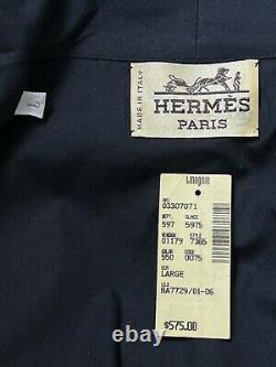 HERMES Men's Bath Robe Size L Large Belted Embroidered Logo Blue Cotton HERMÈS