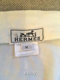 HERMES Robe Kimono belt -100% Italian Linen White chevron Navy trim Medium