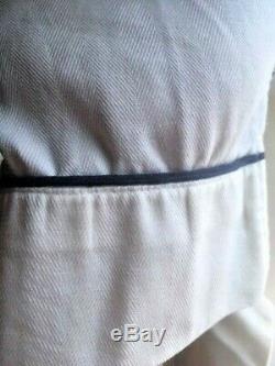 HERMES Robe Kimono belt -100% Italian Linen White chevron Navy trim Medium