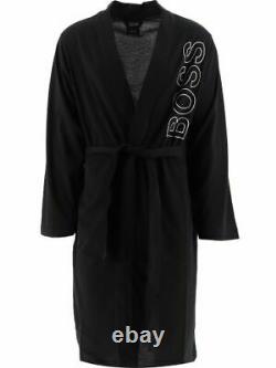 HUGO BOSS Men's Outline Logo Dressing Gown Cotton Black Belted Soft Bath Robe