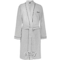 HUGO BOSS Mens Kimono Style Embroidered 100% Cotton Bath Robe Melange Gray MED