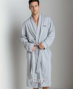 HUGO BOSS Mens Kimono Style Embroidered 100% Cotton Bath Robe Melange Gray MED