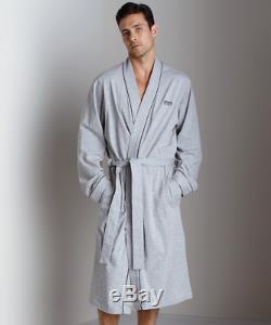 HUGO BOSS Mens Kimono Style Embroidered 100% Cotton Bath Robe Melange Gray MED