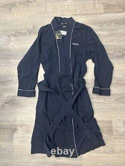 Hugo Boss Men's Kimono-BM Robe Navy Blue Cotton Logo Dressing Gown
