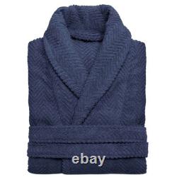Linum Herringbone Weave Luxury Terry Bath Robe Unisex L/XL Midnight Blue $280