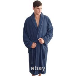 Linum Herringbone Weave Luxury Terry Bath Robe Unisex L/XL Midnight Blue $280