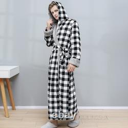 Long Hooded Plaid Flannel Bathrobe Plus Size Coral Kimono Bath Robe Night Gown