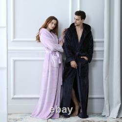 Lovers Plus Size Flannel Robe Hooded Long Bathrobe Thick Kimono Dressing Gown