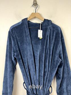 Marine Layer Velour Bath Robe Mens Size S/M Hooded Blue Pockets Organic Cotton