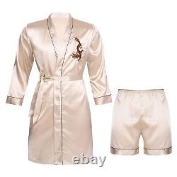 Men Bath Robe Satin Sleepwear Casual Long Kimono Dressing Gown SpaRobe Nightwear