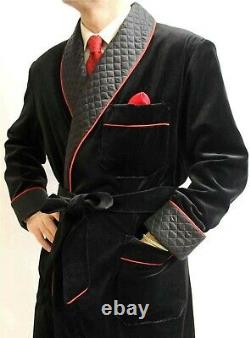Men Exclusive Designer Custom Made Black Velvet Piping Smoking Jacket Bath Robe