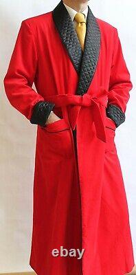 Men Exclusive Designer Custom Made Red Cotton Black Lapel Smoking Jacket Robe