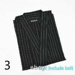 Men Japanese Kimono Yukata Bathrobe Pajamas Belt Cotton Robe Clothing Long Black