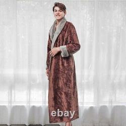 Men Winter Bathrobe Extra Long Thick Warm Grid Flannel Mens Luxury Kimono Robe