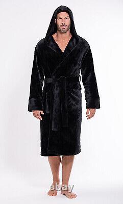 Men's Black Plush Soft Warm Fleece Bathrobe with Hood, Comfy men's Robe