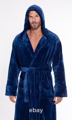 Men's Black Plush Soft Warm Fleece Bathrobe with Hood, Comfy men's Robe