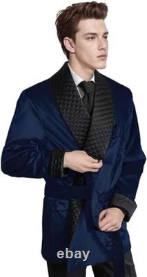 Men's Custom Lightweight Short Satin Smoking Robe Cool Summer Bathrobe with Belt