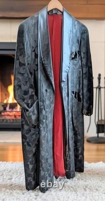 Men's Dressing Gown Robe Black Jacquard Fabric Red Silk Lining 50R