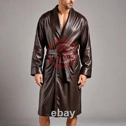 Men's Genuine Soft Leather Brown Bathrobe Shawl Collar Bathrobe Night Gown Dress