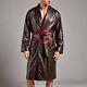 Men's Genuine Soft Leather Brown Bathrobe Shawl Collar Bathrobe Night Gown Dress