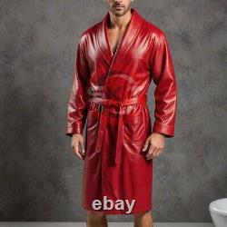 Men's Genuine Soft Leather Red Bathrobe Shawl Collar Bathrobe Night Gown Dress