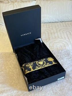Men's Versace Bathrobe Size M BLACK BAROQUE Print Belted Pockets USED