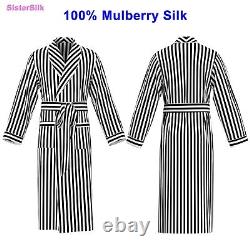 Mens 100% Silk Black White Stripe Long Bath Robe Dressing Gown S M L XXL 3XL