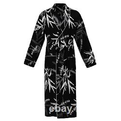 Mens Black Bamboo Print Real 22mm 100% Silk Bath Robe Night Dress Sleeping Gown