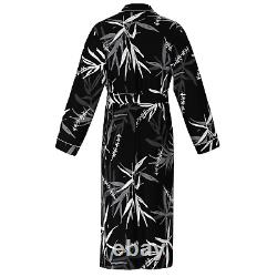 Mens Black Bamboo Print Real 22mm 100% Silk Bath Robe Night Dress Sleeping Gown