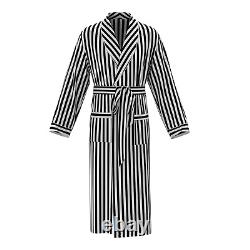 Mens Black White Striped Real 22mm 100% Silk Bath Robe Night Dress Sleeping Gown