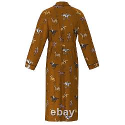 Mens Brown Horse Racing Print 19mm 100% Silk Bath Robe Night Dress Sleeping Gown
