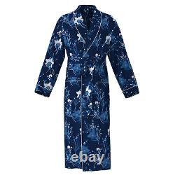 Mens Dark Blue Floral 30mm 100% Silk Bath Robe Night Dress Sleeping Gown