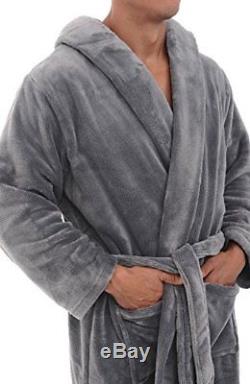 Mens Hooded Bath Robe Long Bathrobe Fleece Robes Lounge Hooded Towel 1XL 2XL