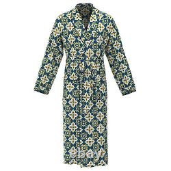 Mens Navy Blue Geometric Print 100% Silk Bath Robe Night Dress Sleeping Gown