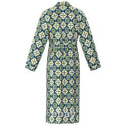 Mens Navy Blue Geometric Print 100% Silk Bath Robe Night Dress Sleeping Gown