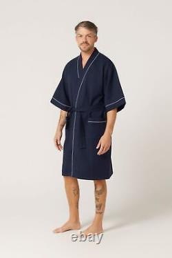 Mens Sizes S-7XL Contare Navy Blue Cotton Waffle Bathrobe Dressing Gown Robe FN